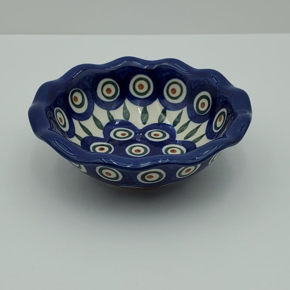 Polish Pottery Peacock Leaves 5" Fluted Bowl Peacock Dessert Bowl Trinket Dish